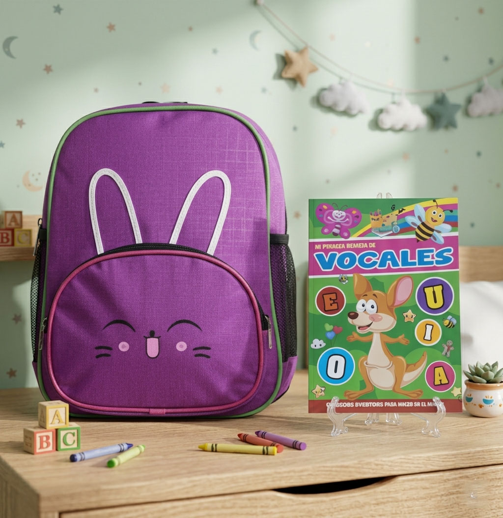 Mochila Infantil Conejito + Libro de Vocales Educativo